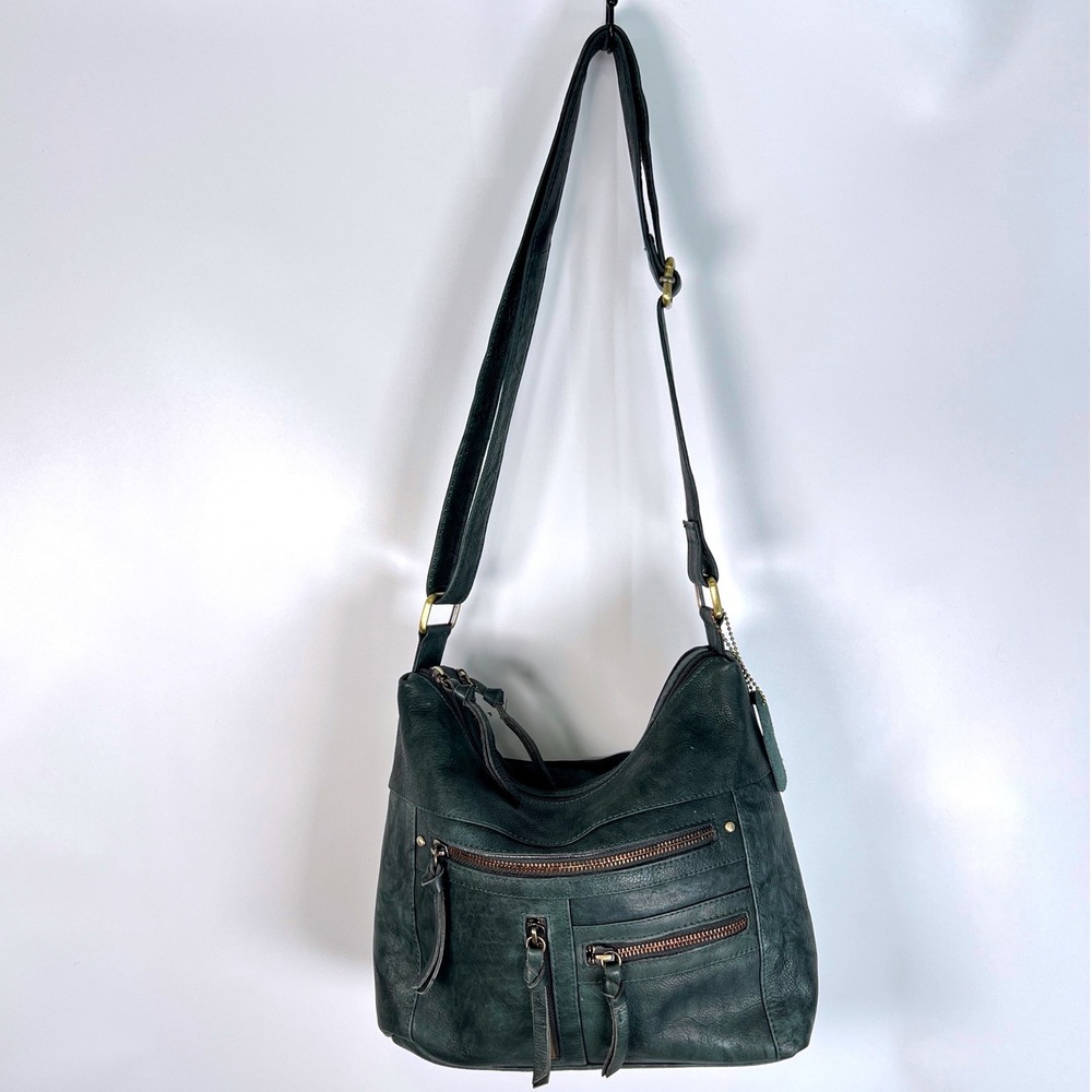 Great American Leather Works Green Leather Crossbody Hobo Bag Multi Pocket 90s